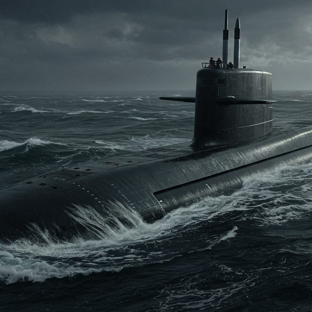 Dark submarine surfacing in rough seas, with a raised conning tower and crew on top, amid stormy skies.