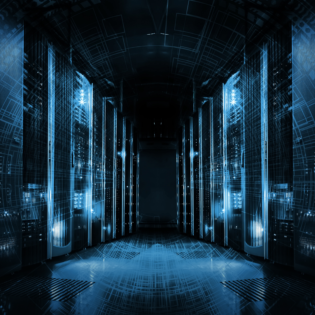 Futuristic data center corridor with rows of blue-lit server racks and a dark central aisle.