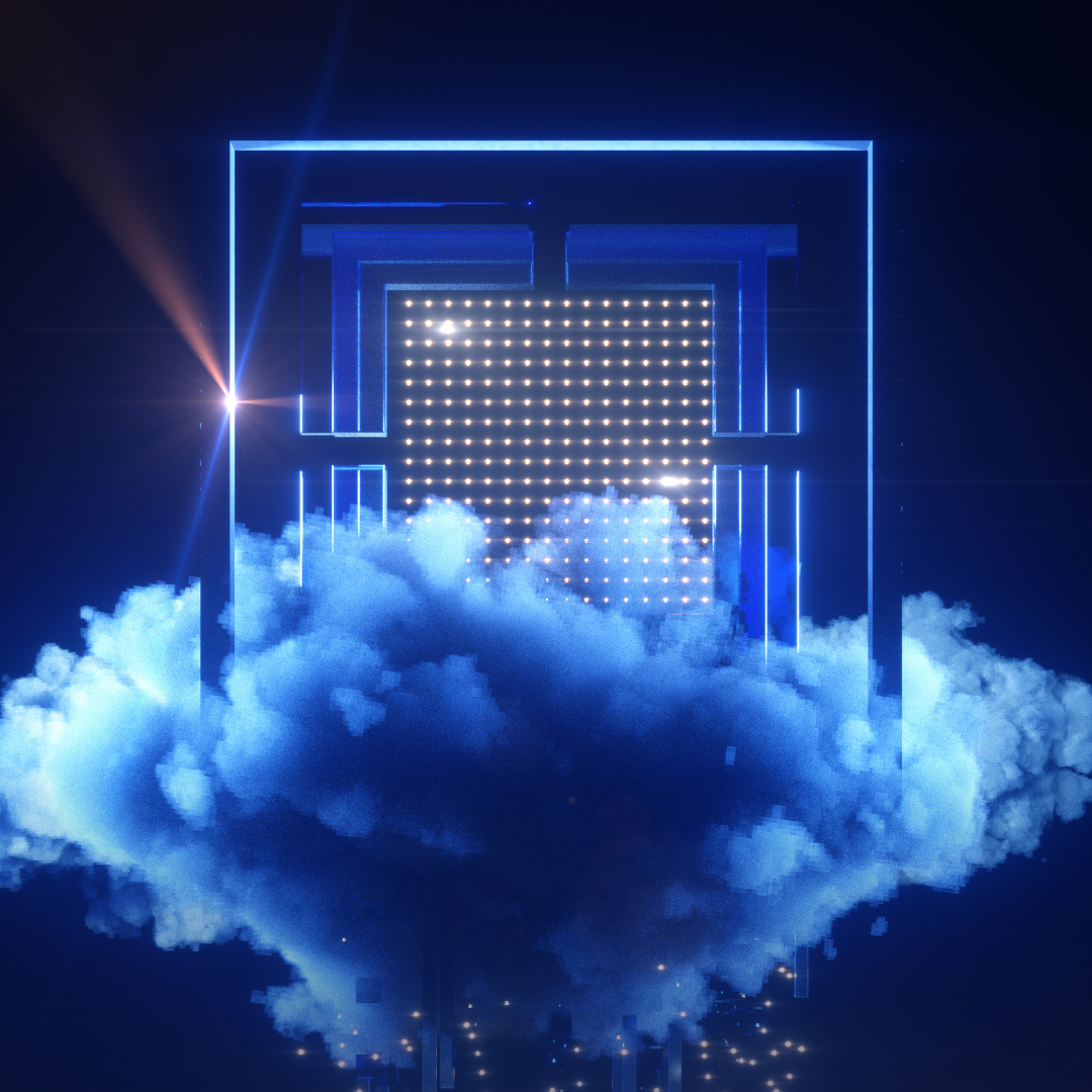 Futuristic neon blue frame with a glowing LED panel inside, above a cloud-filled, smoky stage setting.