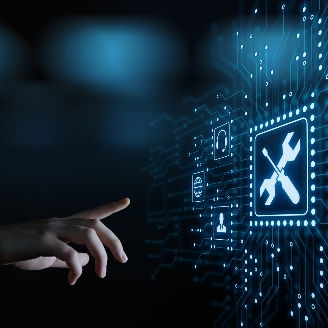 Hand reaching toward a glowing blue circuit-board interface with a wrench icon, symbolizing tech repair or maintenance.