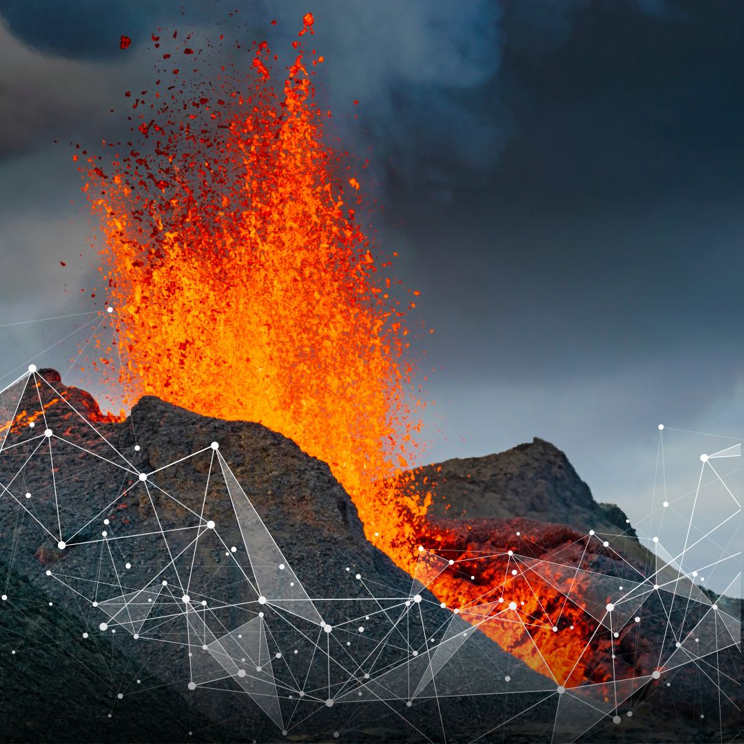 Lava fountain erupts from a rocky crater under a dark sky, overlaid with white network of dots and lines across the foreground.